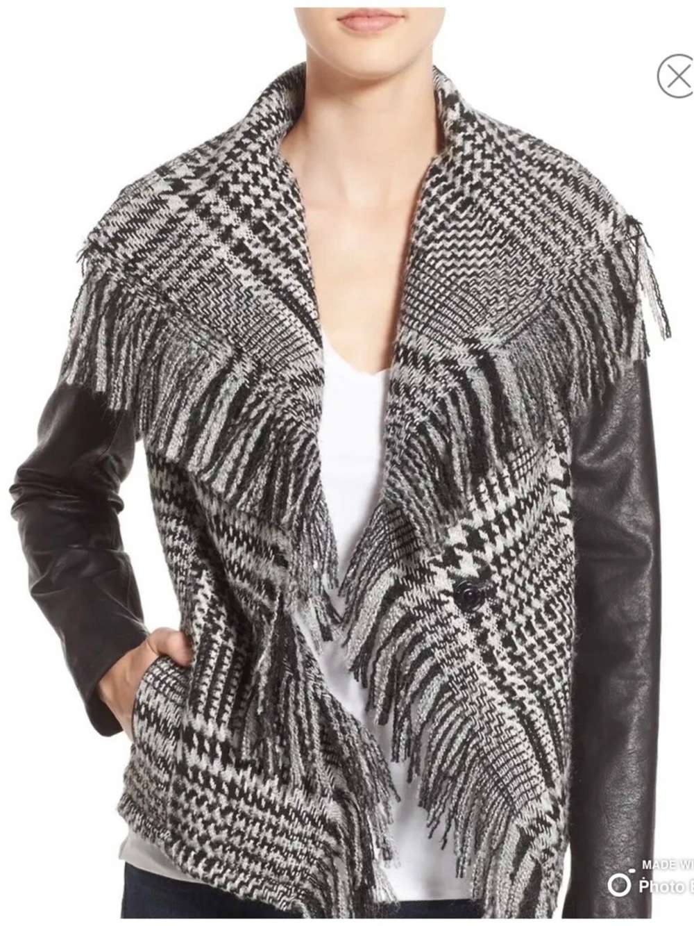Guess Black and White Fringed Plaid Jacket with Faux Leather Sleeves